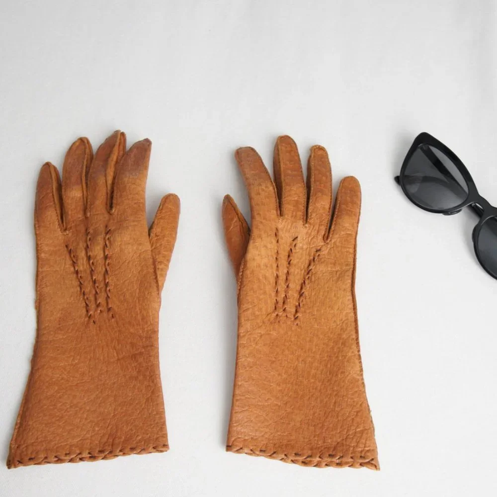 Vintage Cognac Tan Brown Leather Gloves Women's Size 6.5